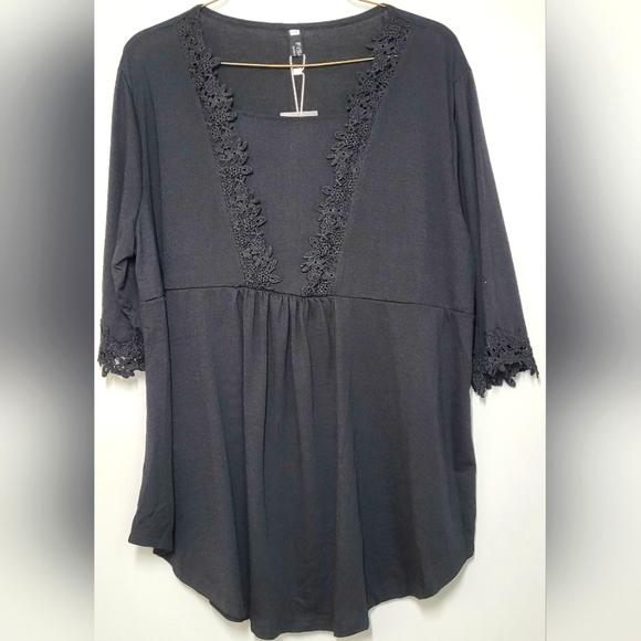 Fisoul Tops - FISOUL BLOUSE Black with lace details XXL